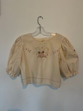 Free People Cream Embroidered Puff Sleeve Crop Top